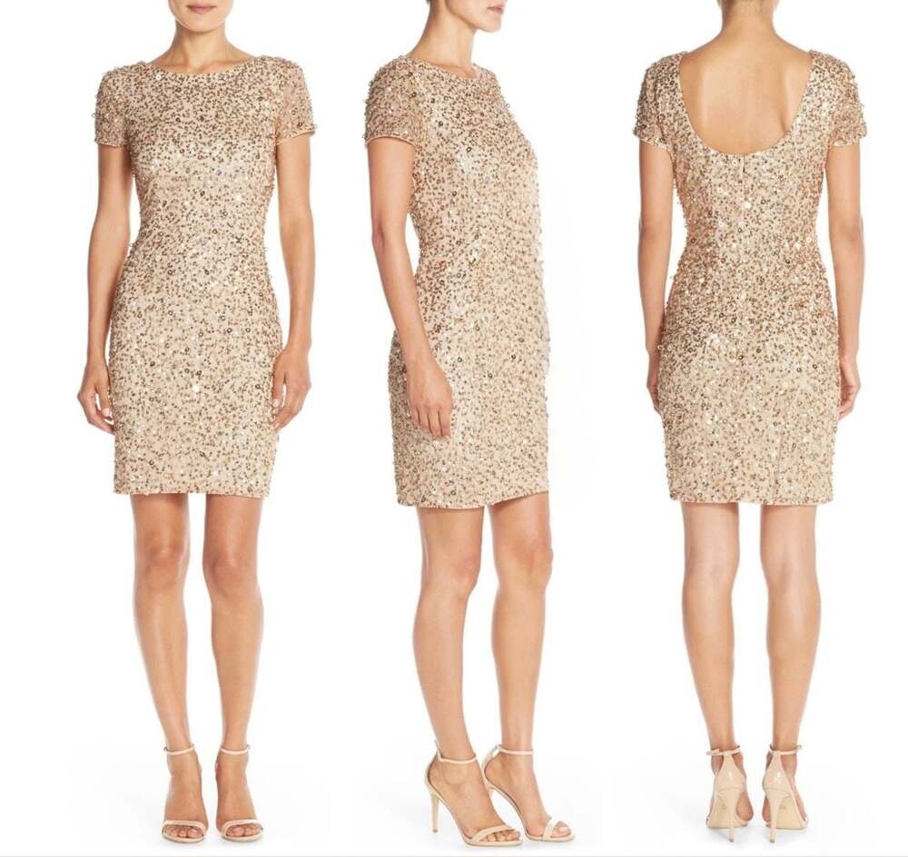Adrianna Papell Short Sleeve Scoop Back Champagne Gold Sequin Dress 6 Petite - Picture 2 of 9